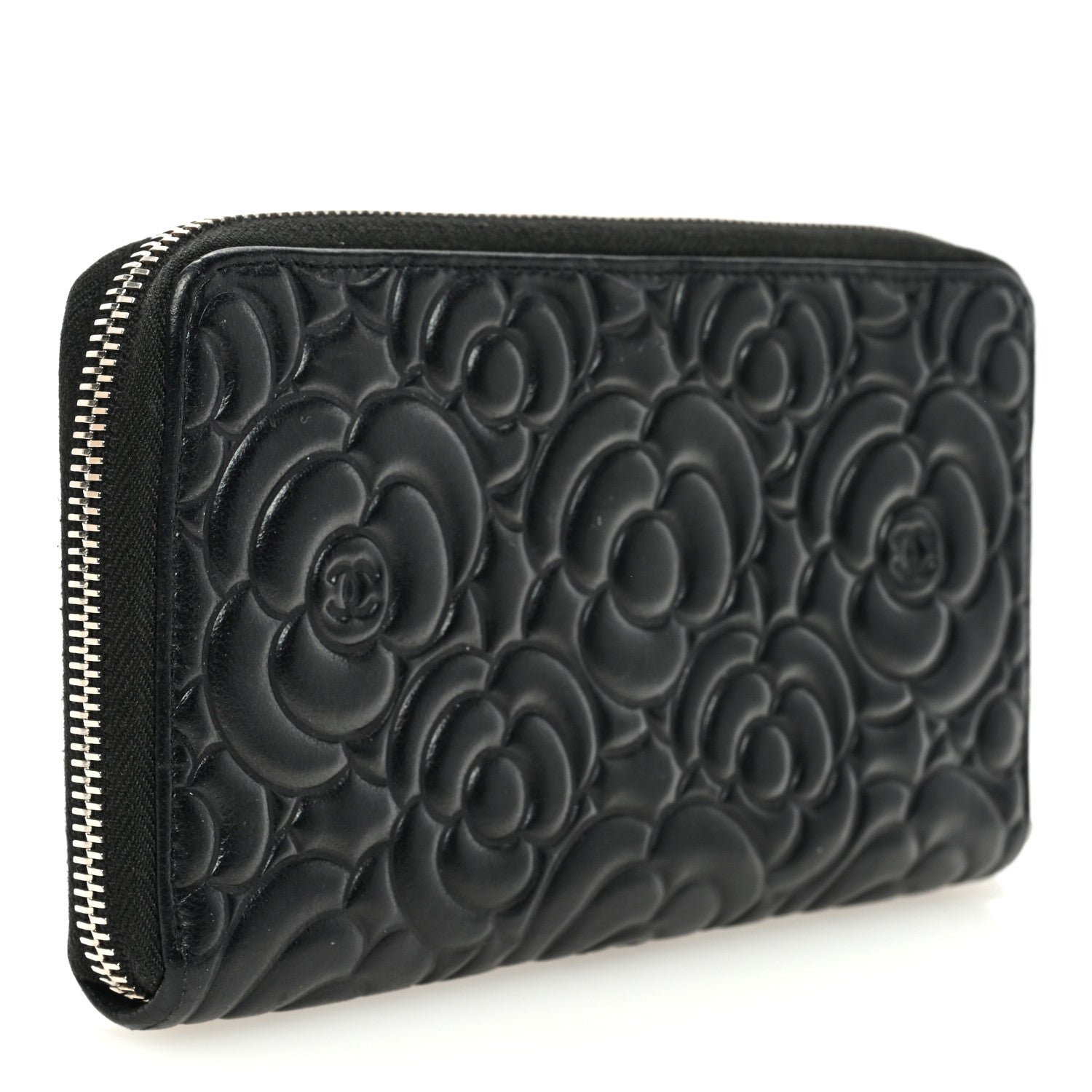 Chanel Lambskin Camellia Embossed Large Zip Around Gusset Wallet Black 3 of 7