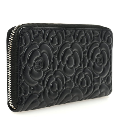 Chanel Lambskin Camellia Embossed Large Zip Around Gusset Wallet Black 3 of 7