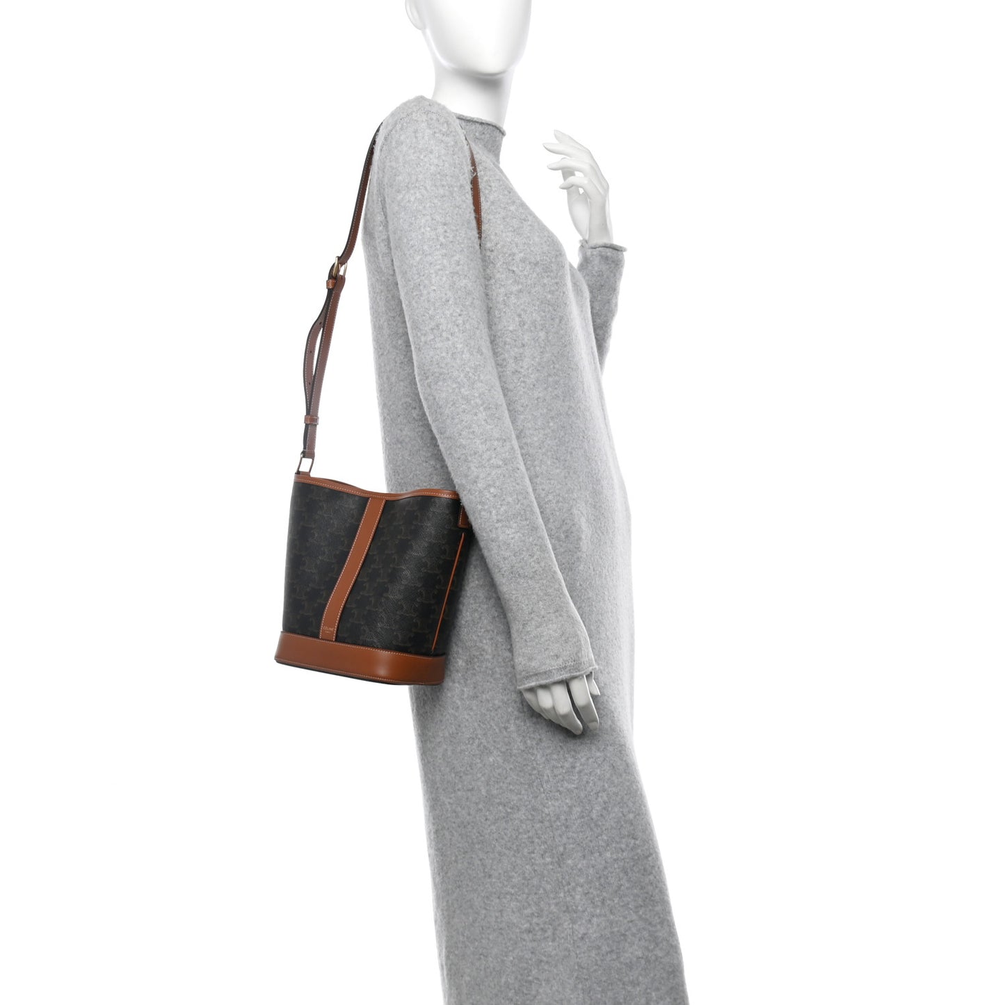 Triomphe Canvas Calfskin Small Bucket Bag Tan