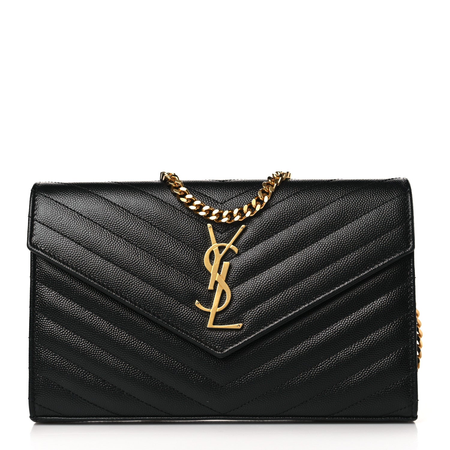 Saint Laurent Grain De Poudre Matelasse Chevron Monogram Chain Wallet Black 1 of 8