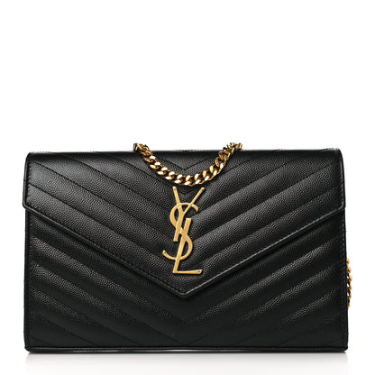 Saint Laurent Grain De Poudre Matelasse Chevron Monogram Chain Wallet Black 1 of 8