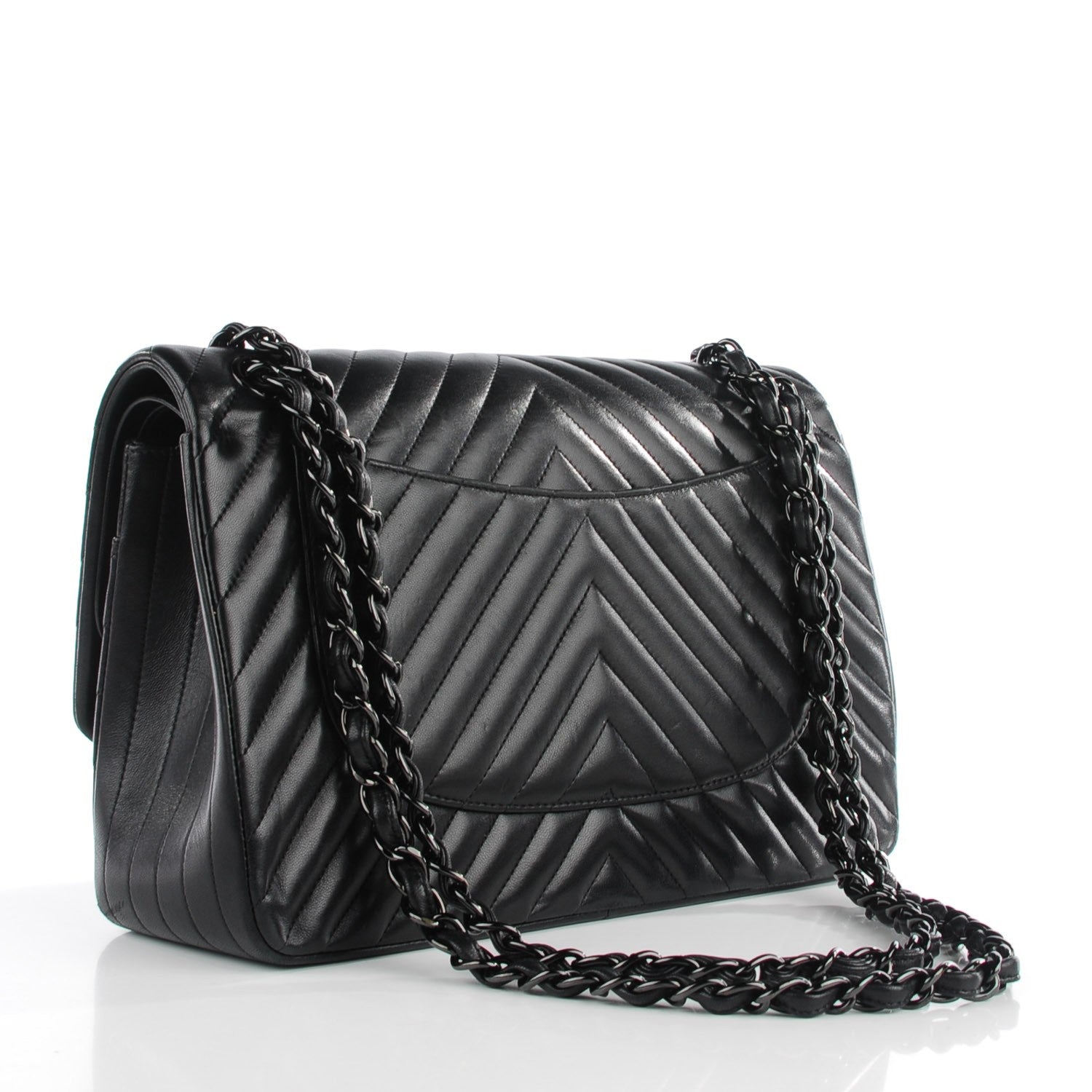 Chanel Lambskin Chevron Quilted Jumbo Double Flap So Black 3 of 9