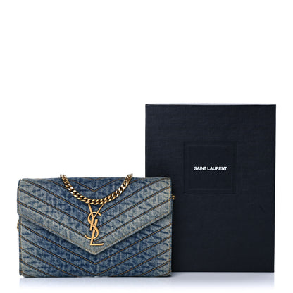 Saint Laurent Denim Matelasse Chevron Monogram Chain Wallet Blue Jeans 11 of 11
