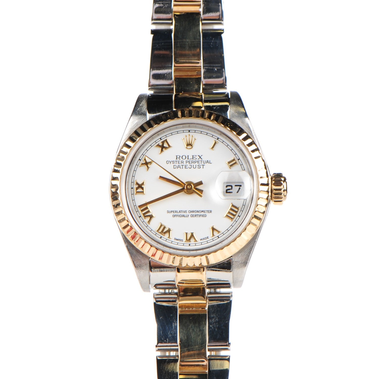 Rolex Stainless Steel 18K Yellow Gold 26mm Oyster Perpetual Datejust Watch White Roman 79173 1 of 11