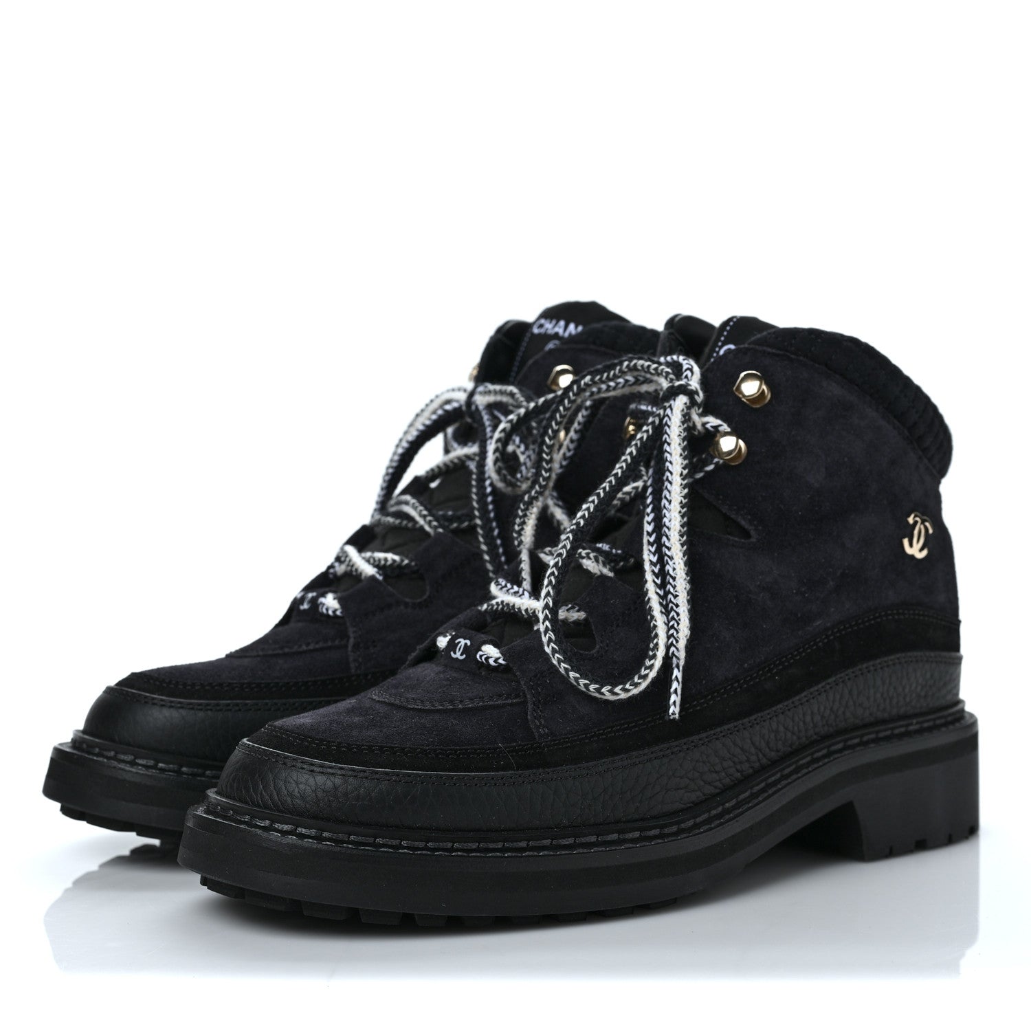 Chanel Suede Grained Calfskin CC Lace Up Boots 40 Black 3 of 9