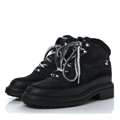 Chanel Suede Grained Calfskin CC Lace Up Boots 40 Black 3 of 9