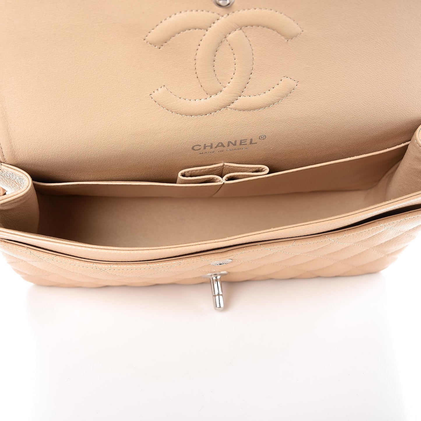 Caviar Quilted Medium Double Flap Beige Clair