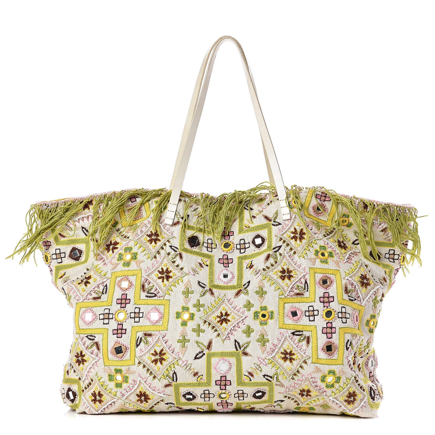 Fabric Mirror Beaded Embroidered Fringe Tote Multicolor