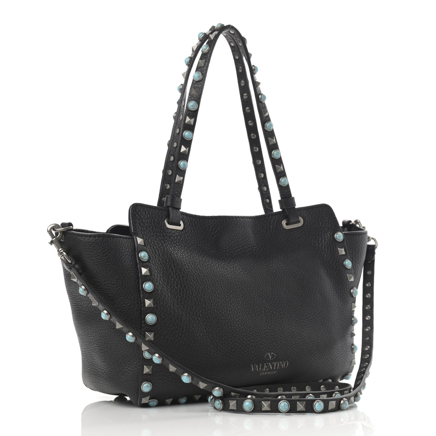 Valentino Garavani Grained Calfskin Turquoise Small Rockstud Rolling Tote Black 3 of 9