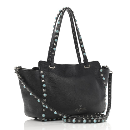 Valentino Garavani Grained Calfskin Turquoise Small Rockstud Rolling Tote Black 3 of 9