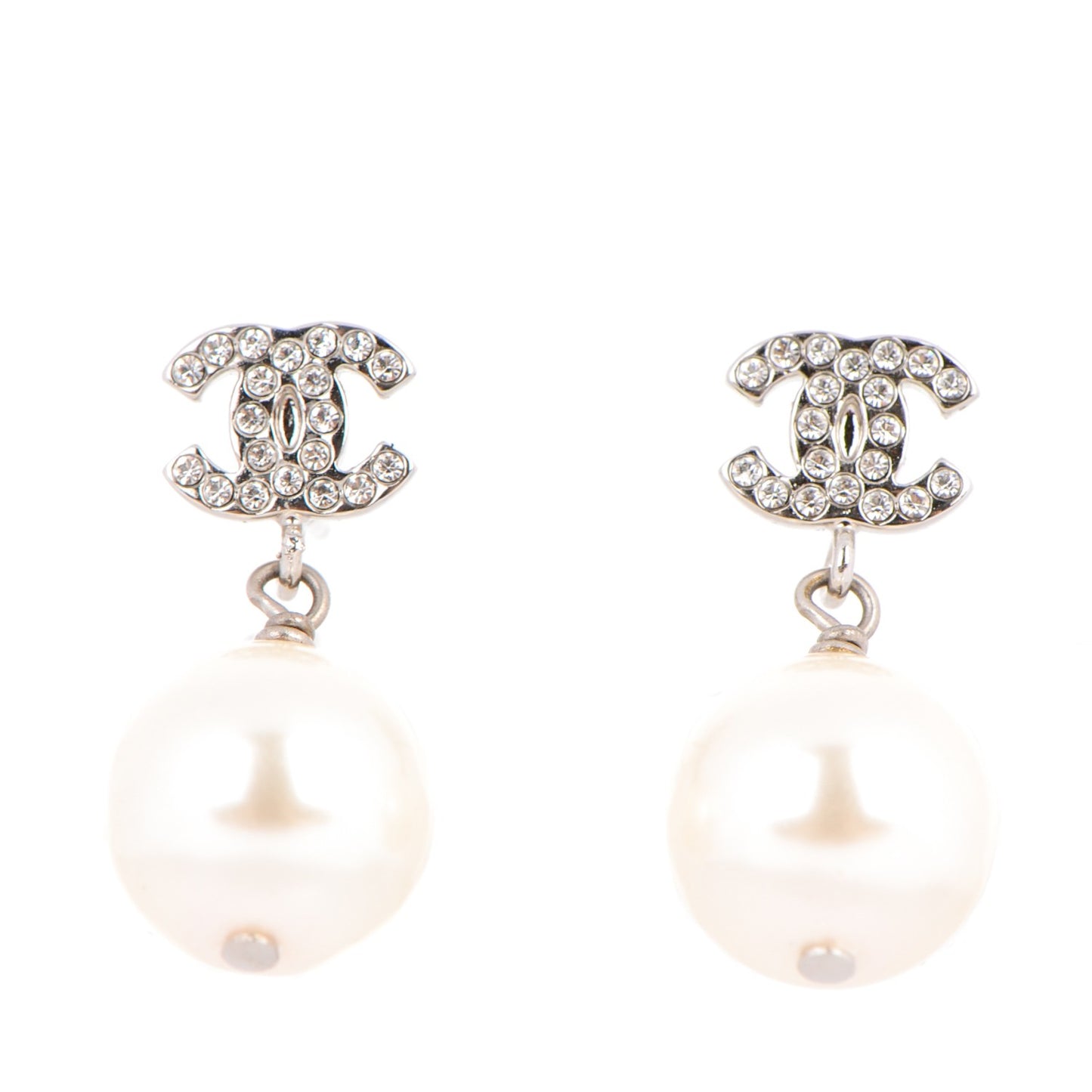 Crystal Pearl CC Drop Earrings Silver