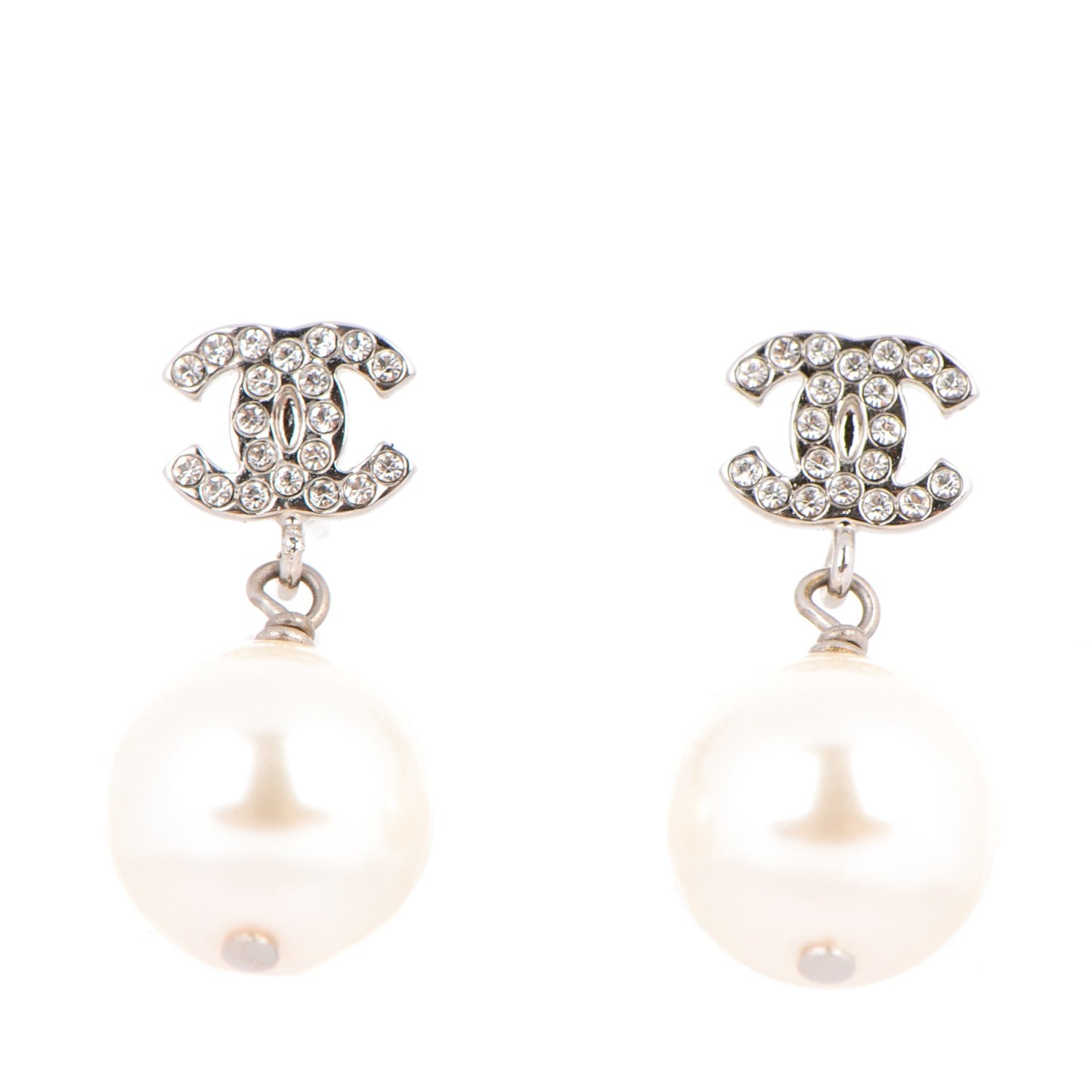 Chanel Crystal Pearl CC Drop Earrings Silver 1 of 5