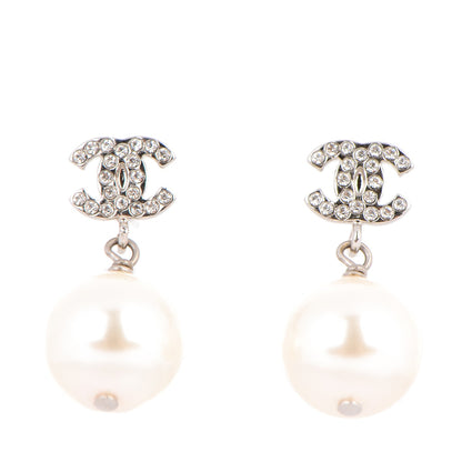 Chanel Crystal Pearl CC Drop Earrings Silver 1 of 5