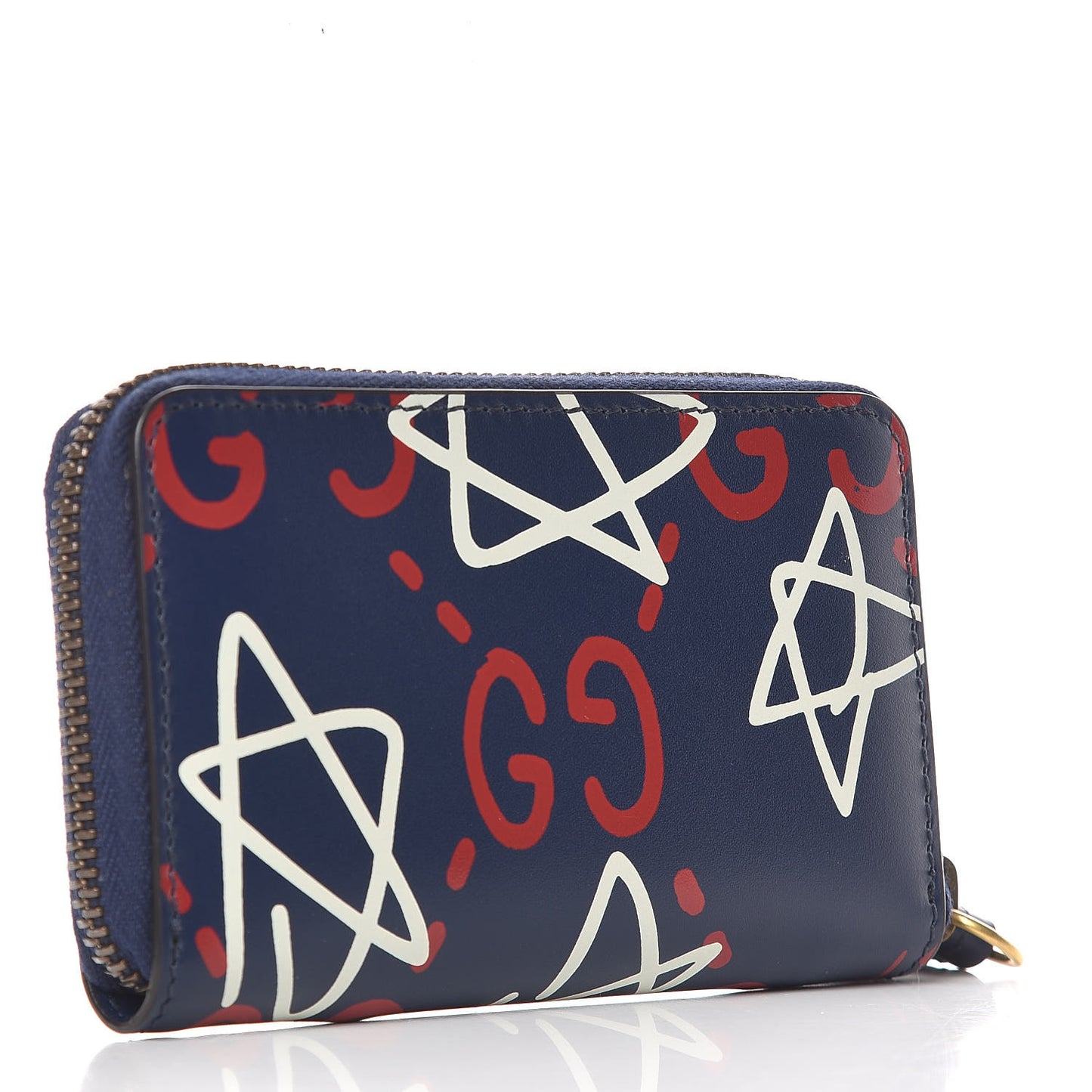Calfskin GucciGhost Zip Around Card Case Blue Agata Hibiscus Red