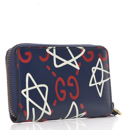 Gucci Calfskin GucciGhost Zip Around Card Case Blue Agata Hibiscus Red 3 of 8