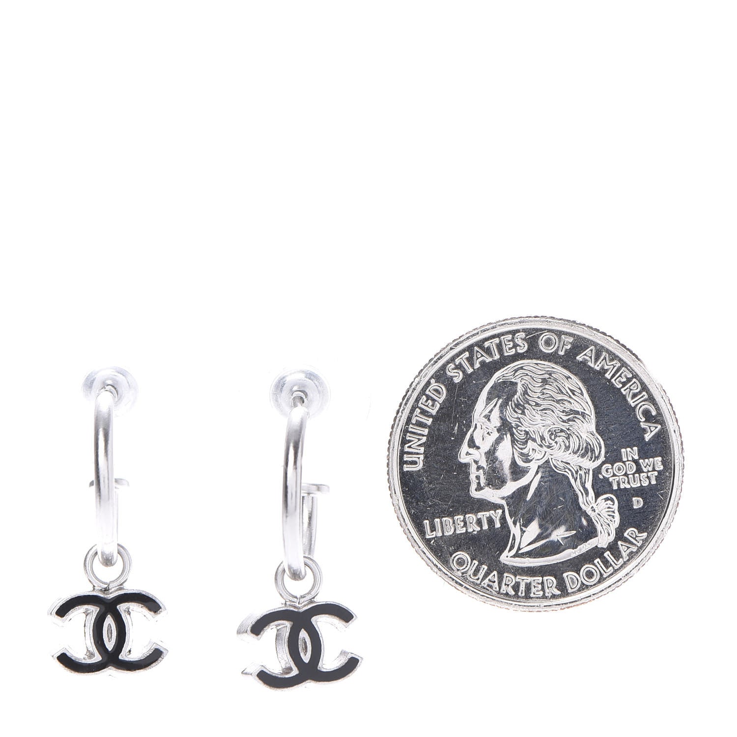 Chanel Enamel CC Hoop Earrings Silver Black 4 of 10