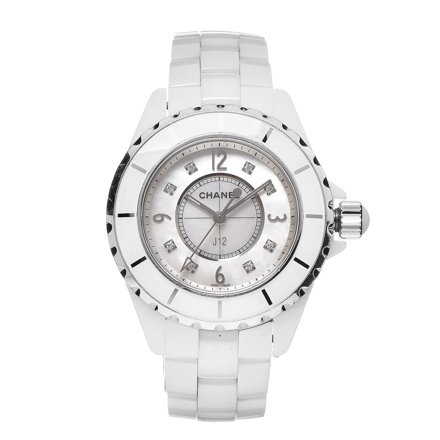Chanel Stainless Steel Ceramic Diamond Mother of Pearl 33mm J12 Quartz Watch White 1 of 7