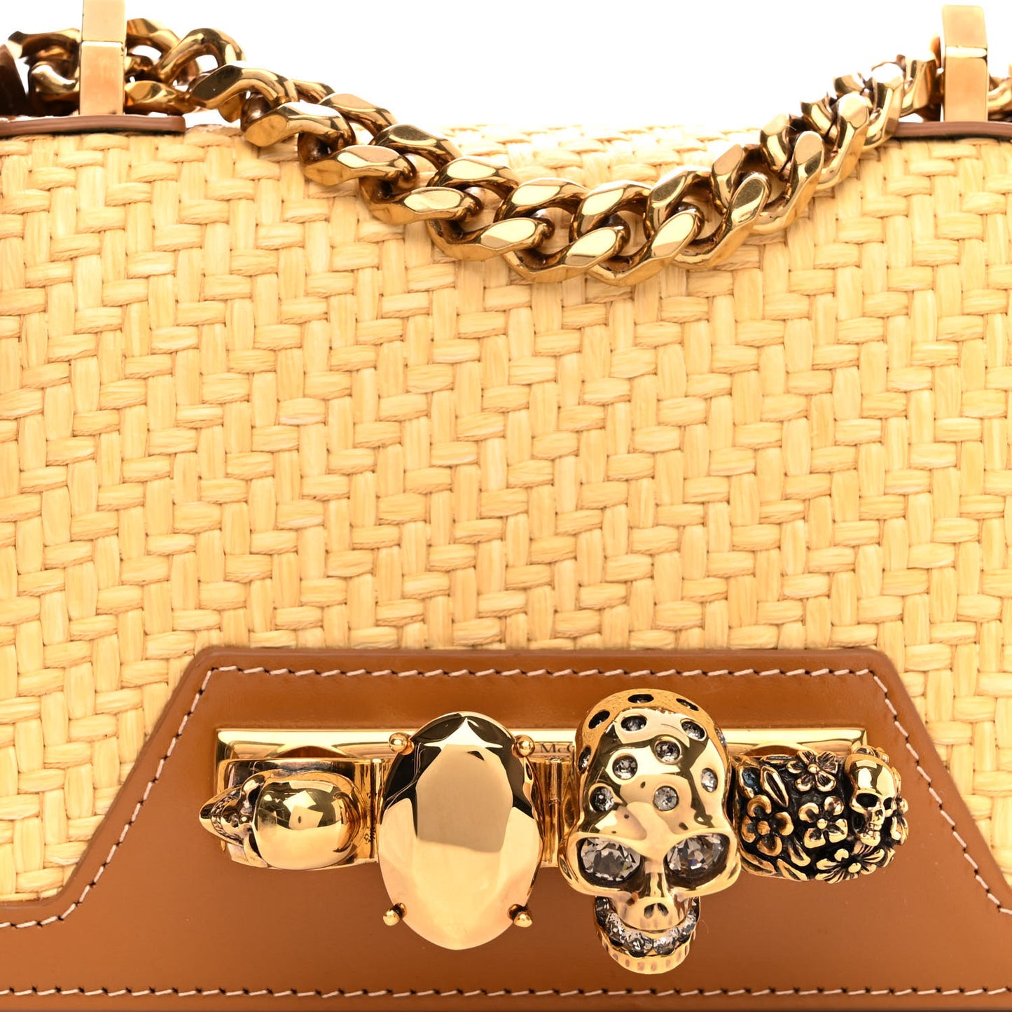 Raffia Calfskin Jeweled Knuckle Satchel Natural Tan