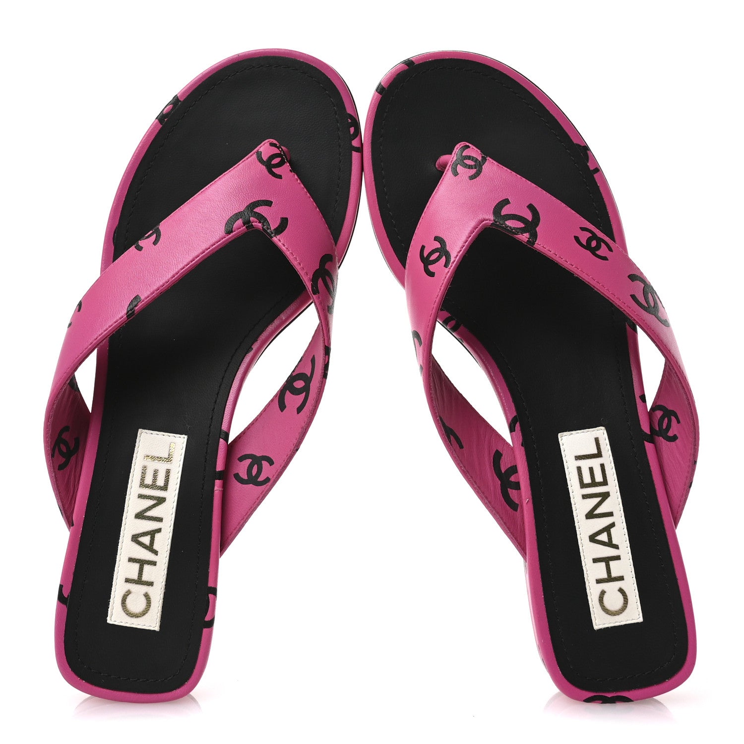 CHANEL サンダル ココビーチ ピンク ブラック Chanel Lambskin Printed Coco Beach Thong Sandals 37.5 Dark Pink