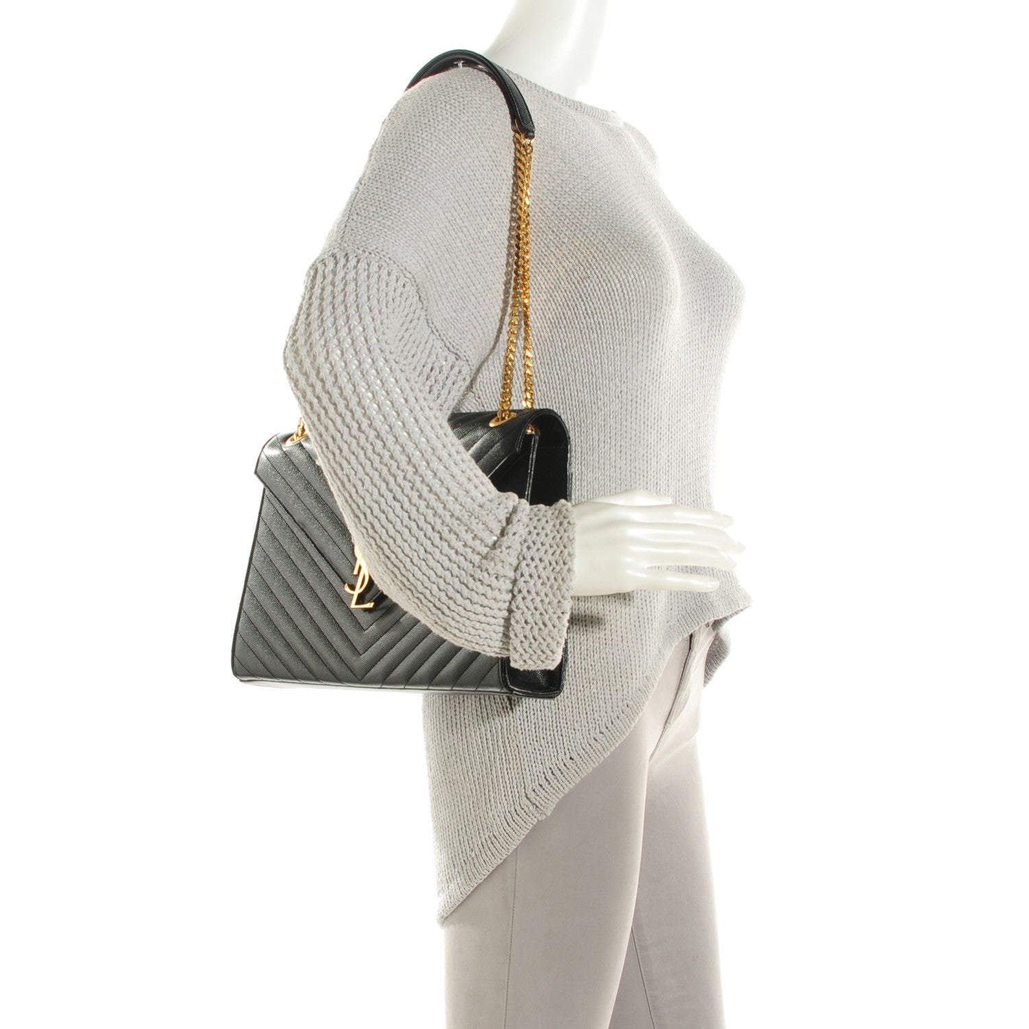 Saint Laurent Grain De Poudre Matelasse Chevron Large Monogram Satchel Black 2 of 8