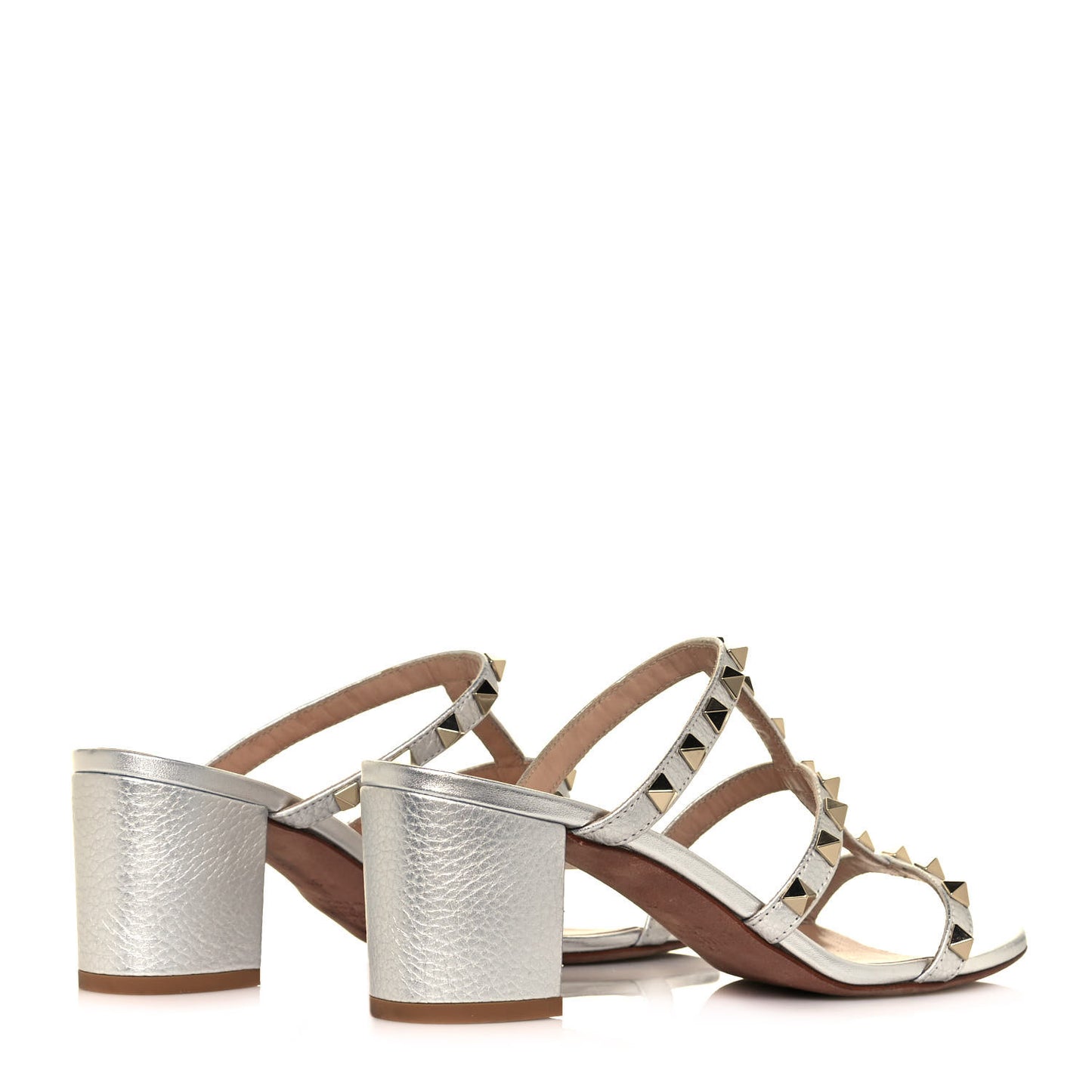 Metallic Pebbled Calfskin Rockstud Caged Slide Sandals 37 Skin