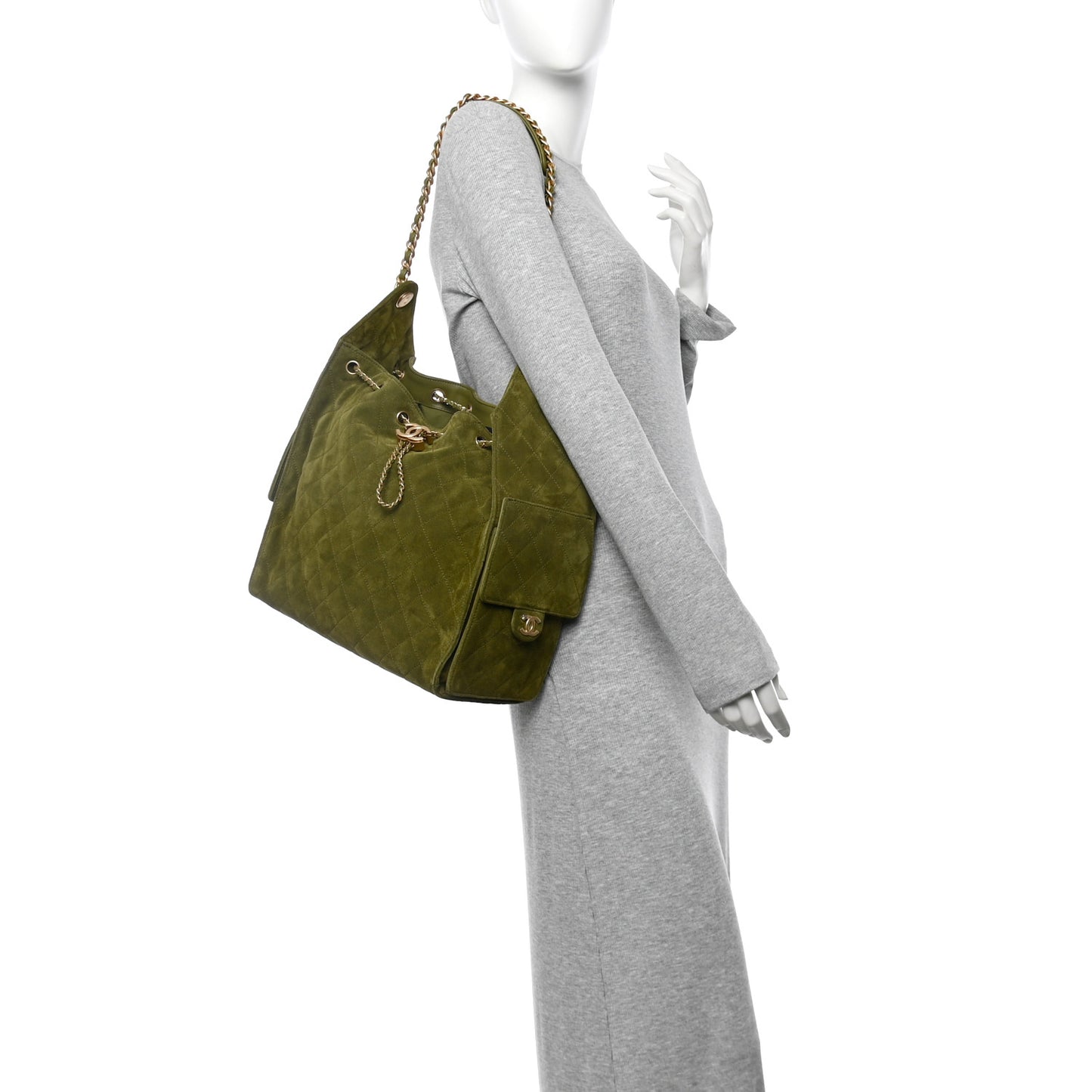 Suede Quilted Medium Chanel 25 Handbag Khaki