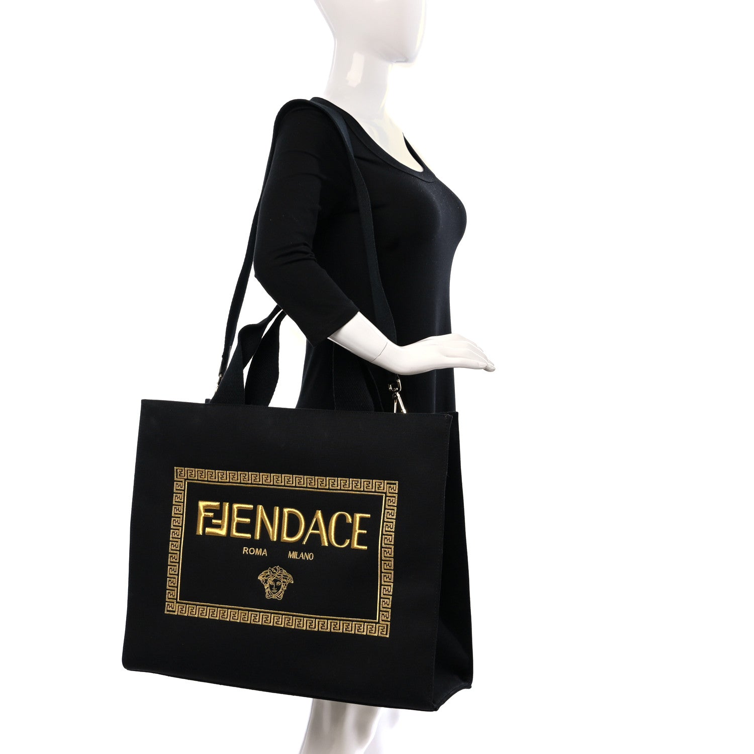 Fendi X VERSACE Canvas Fendace Logo Large Shopping Tote Black 2 of 8