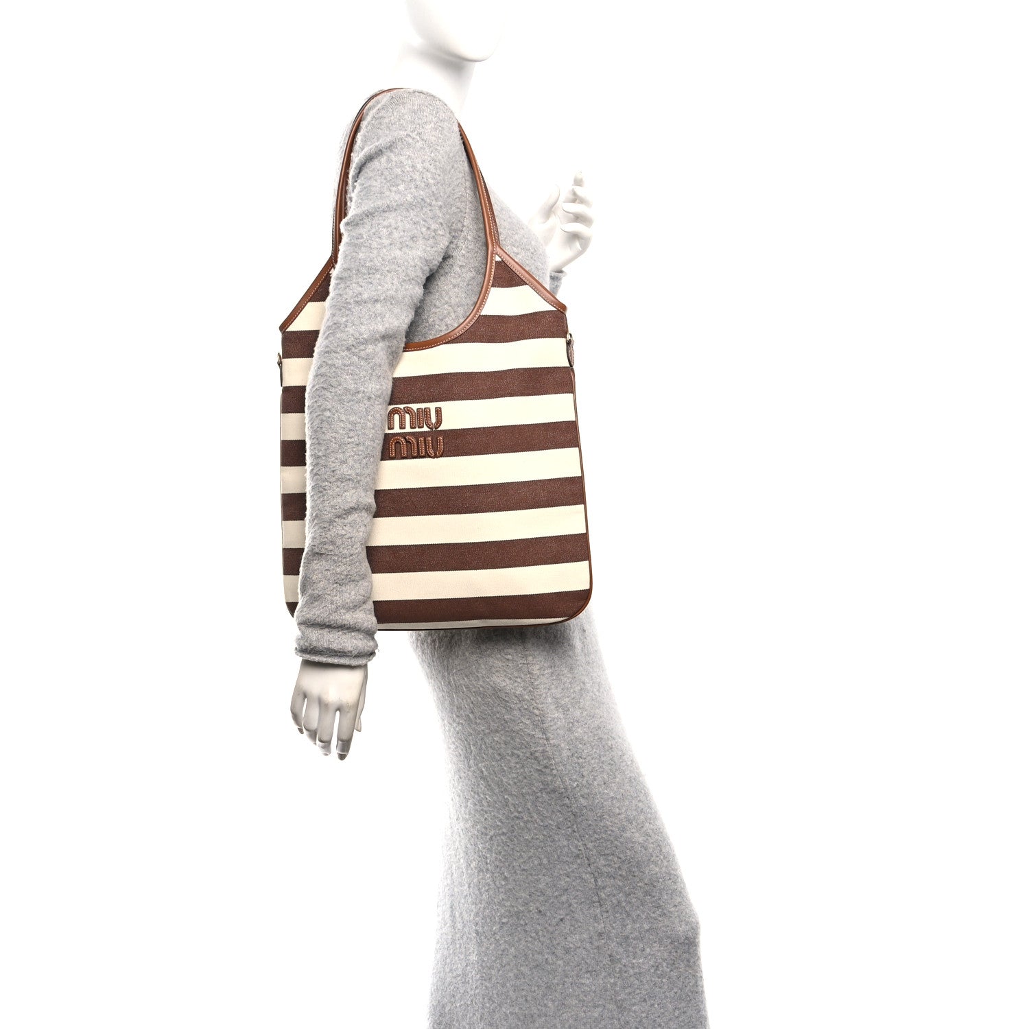 Miu Miu Canvas Calfskin Striped Ivy  Cacao Naturale 2 of 9