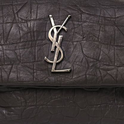Saint Laurent Calfskin Crocodile Embossed Medium West Hollywood Monogram Fold-Over Grey 7 of 17