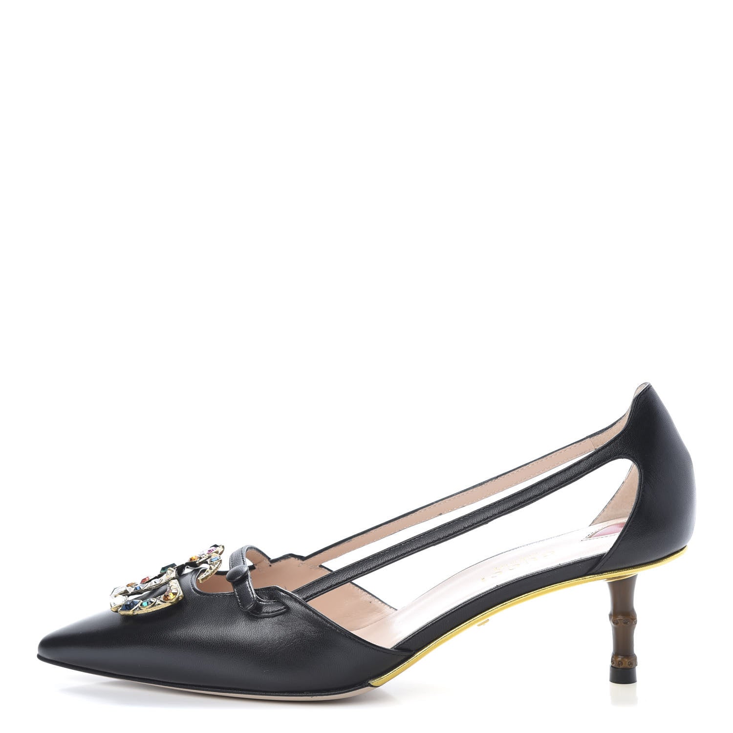 Gucci Malaga Kid Bamboo Crystal Double G Low Heel Pumps 37 Black 1 of 10