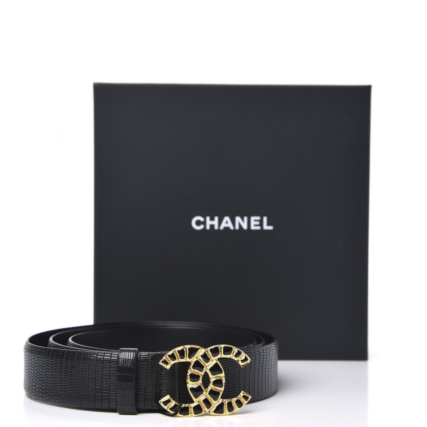 Lizard Embossed Calfskin Gripoix Poured Glass Along The Nile CC Belt 110 Black