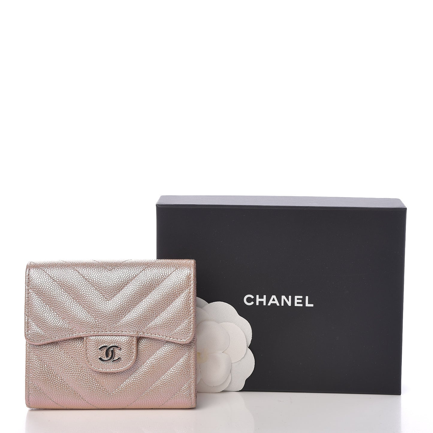 Metallic Caviar Chevron Quilted Compact Flap Wallet Light Gold
