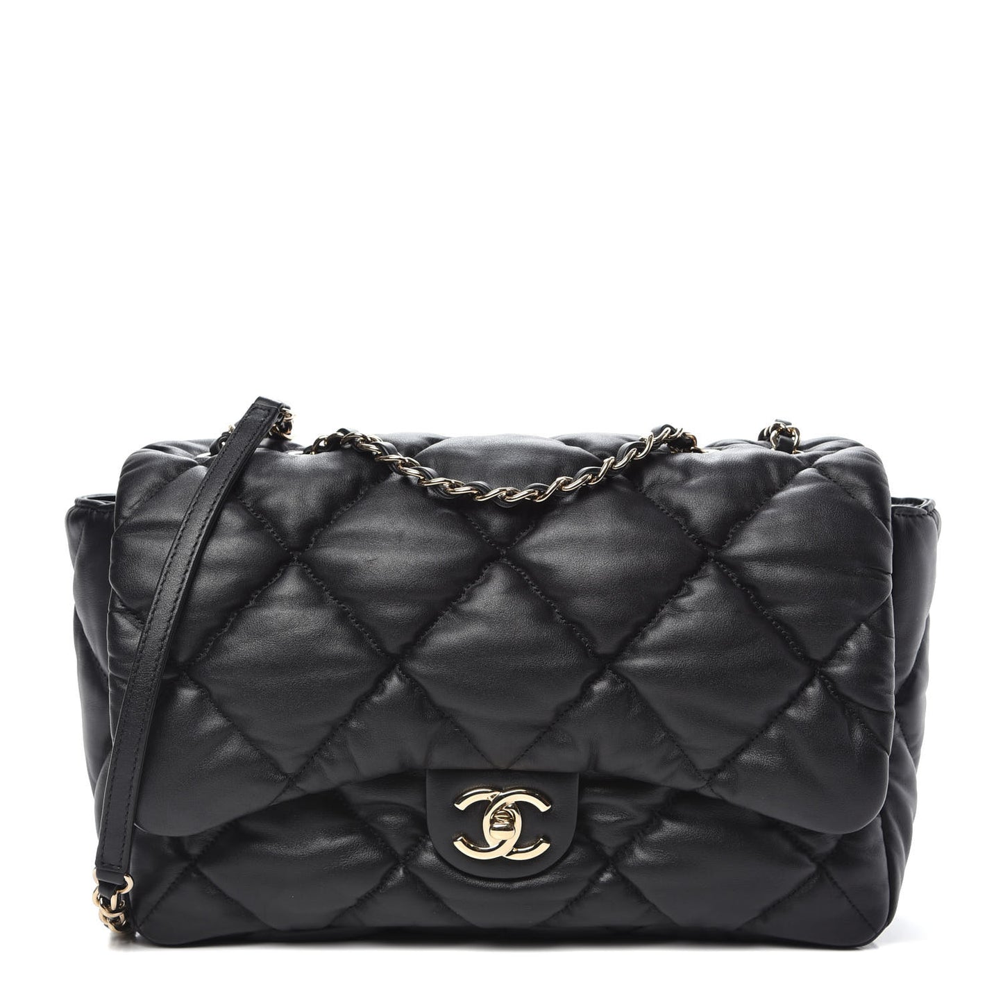 Calfskin Quilted Large Bubbly Flap Black