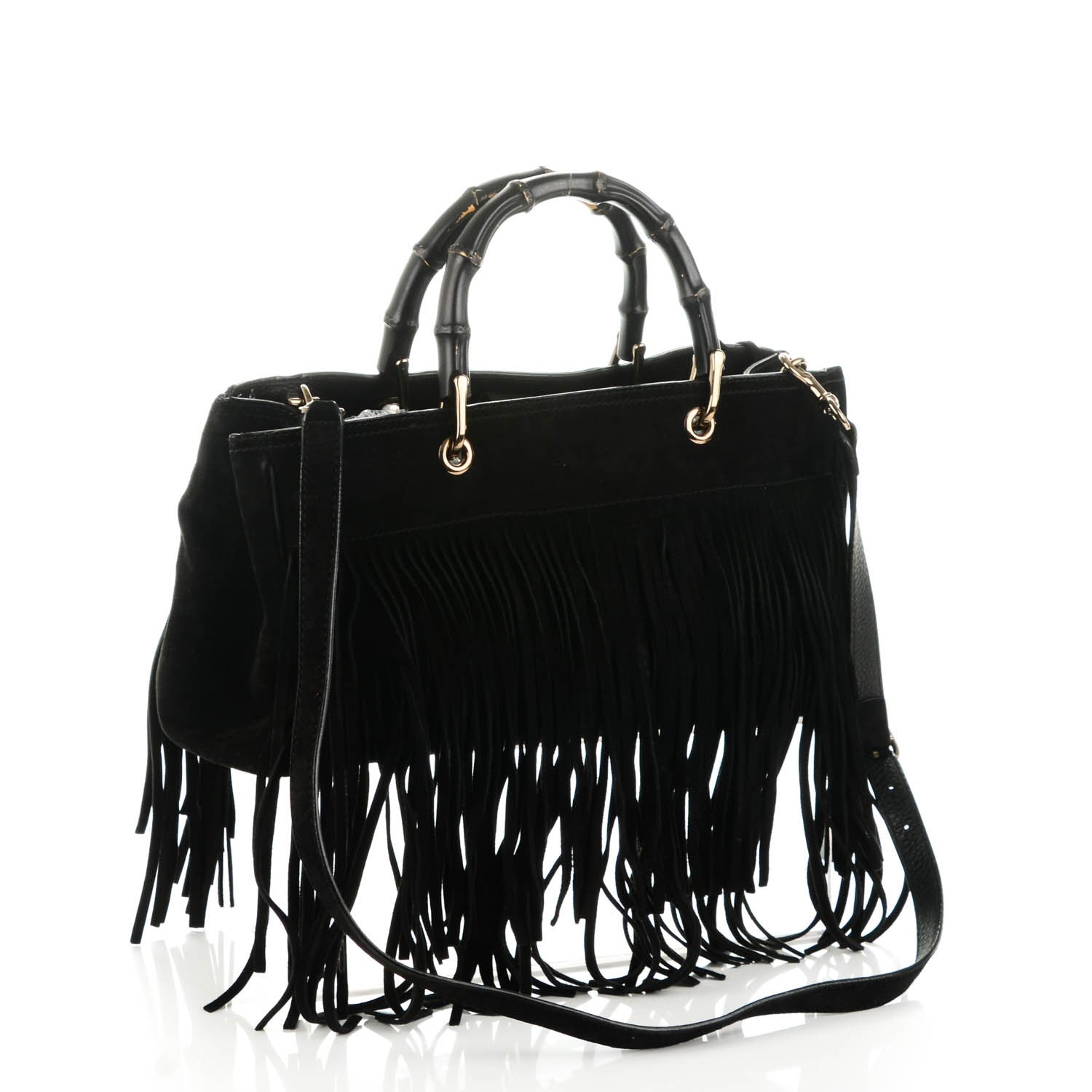 Gucci Suede Bamboo Fringe Medium Shopper Tote Black 3 of 9