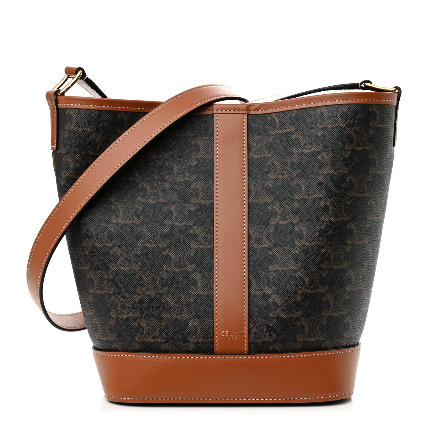 Triomphe Canvas Calfskin Small Bucket Bag Tan