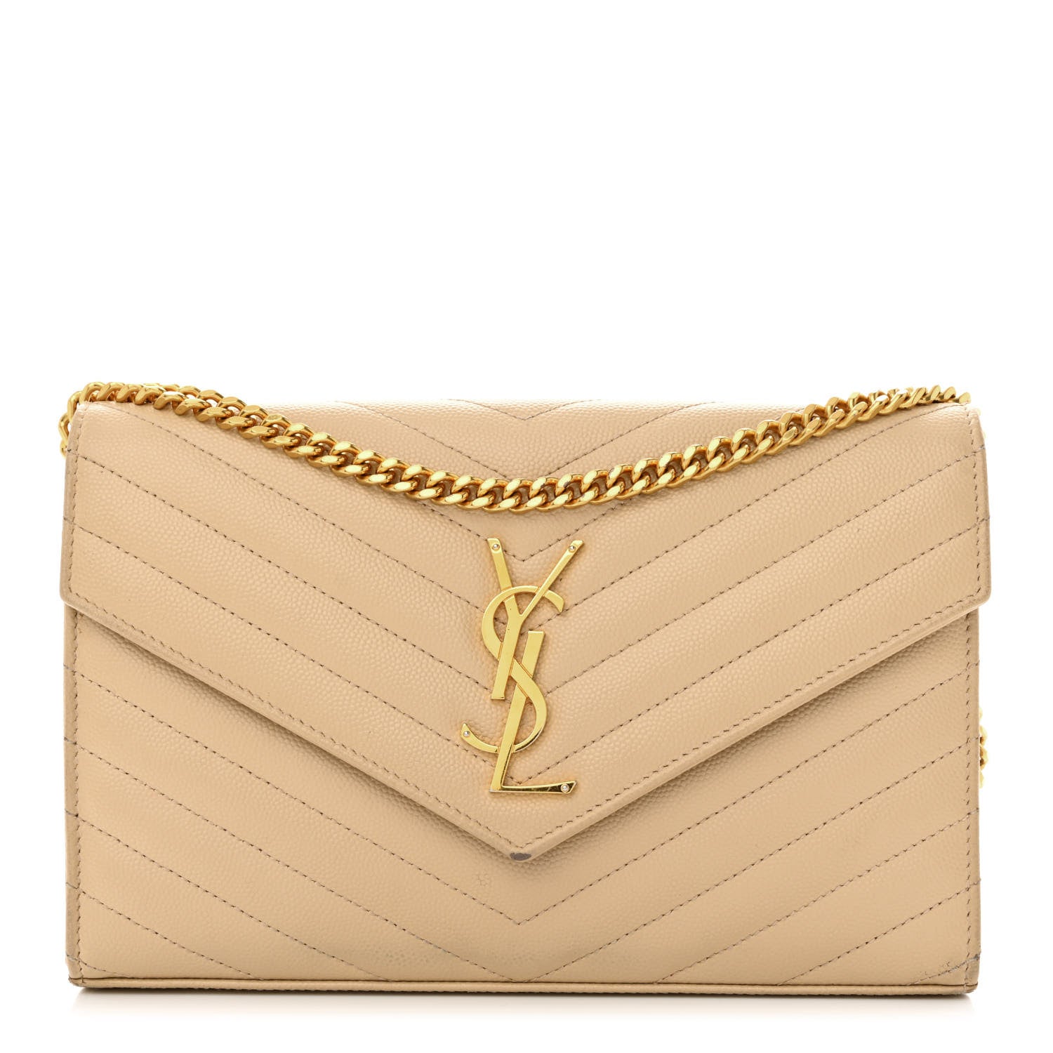 Saint Laurent Grain De Poudre Matelasse Chevron Monogram Chain Wallet Dark Beige 1 of 14