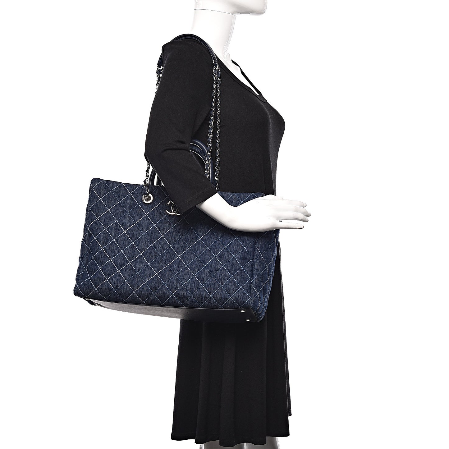 Denim Quilted Large Coco Handle Shopping Tote Blue
