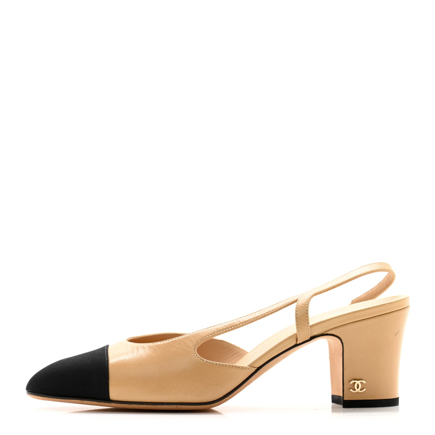 Chanel Goatskin Grosgrain Cap Toe CC Slingback Pumps 38 Beige Black 1 of 12