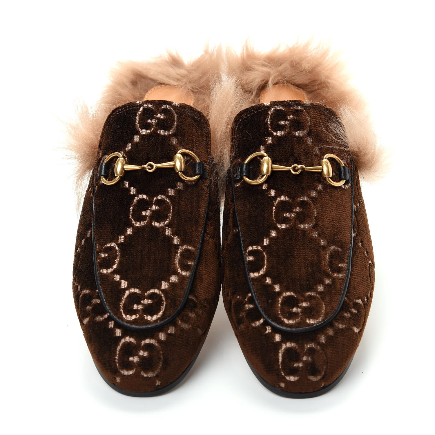Gucci Velvet GG Monogram Fur Womens Princetown Slippers 37 Brown Black Natural 5 of 10