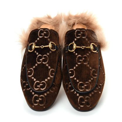 Gucci Velvet GG Monogram Fur Womens Princetown Slippers 37 Brown Black Natural 5 of 10