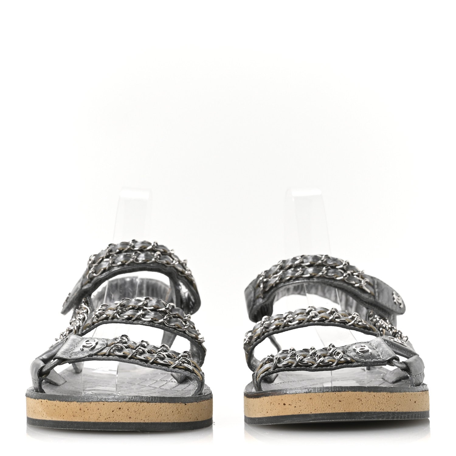 Chanel Metallic Laminated Goatskin Chain Flat Sandals 39 Dark Silver 3 of 8