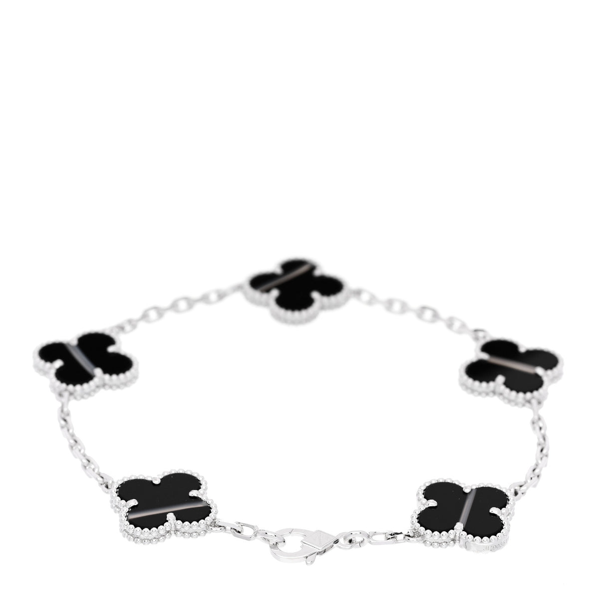 18K White Gold Veined Black Onyx 5 Motifs Vintage Alhambra Bracelet