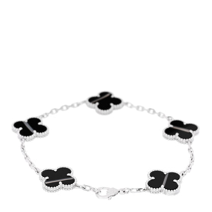 Van Cleef & Arpels 18K White Gold Veined Black Onyx 5 Motifs Vintage Alhambra Bracelet 2 of 5