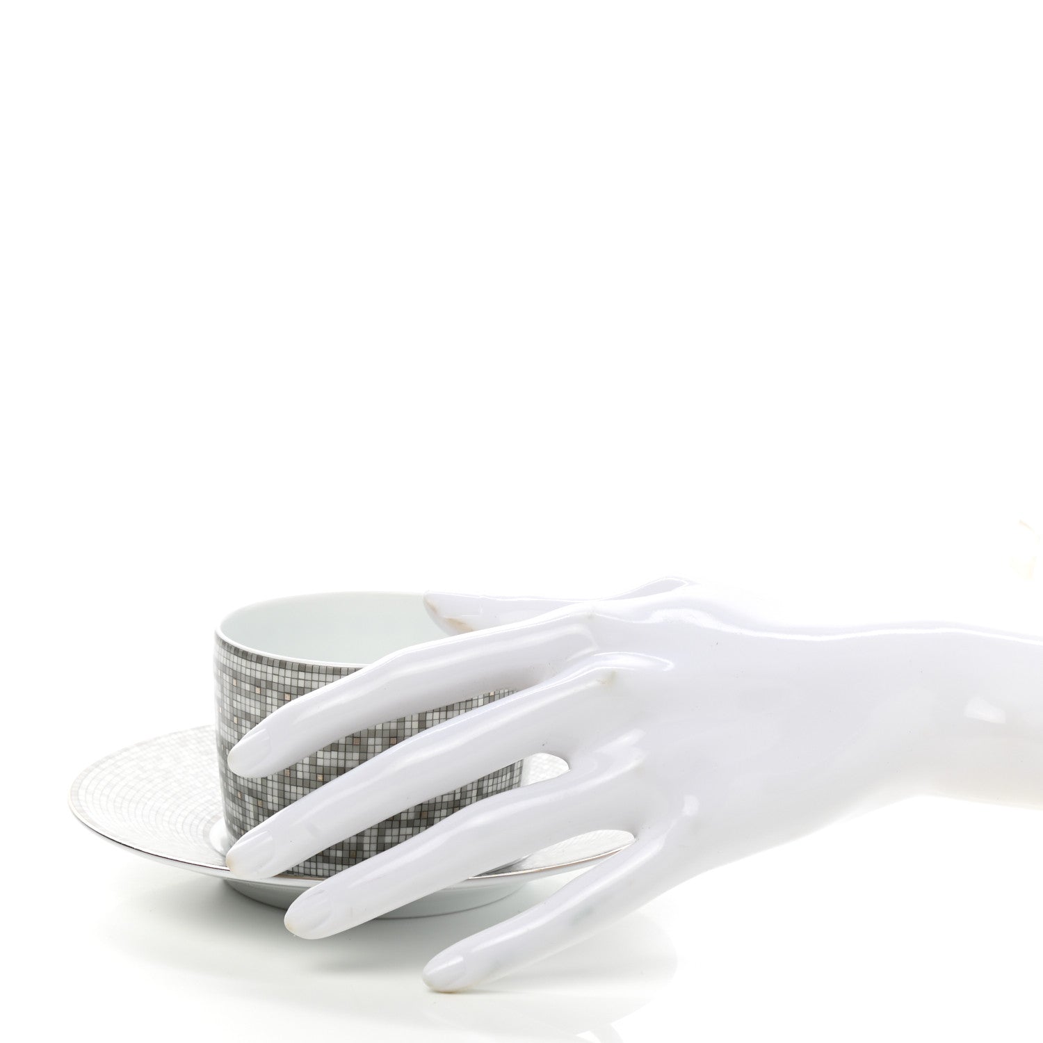 Hermes Porcelain Mosaique Au 24 Platine Tea Cup And Saucer Set Of 2 Platinum 2 of 12