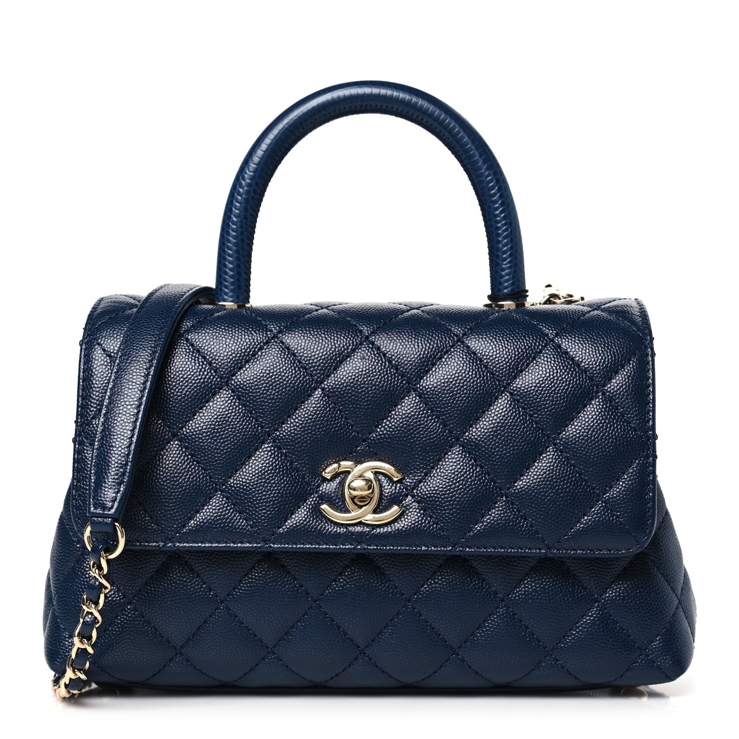 Caviar Quilted Lizard Embossed Mini Coco Handle Flap Navy Blue