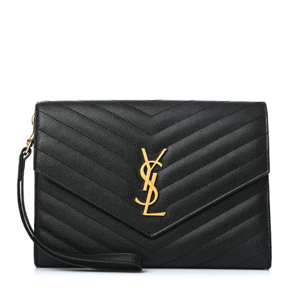 Saint Laurent Grain De Poudre Matelasse Chevron Monogram Envelope Clutch Black 1 of 7