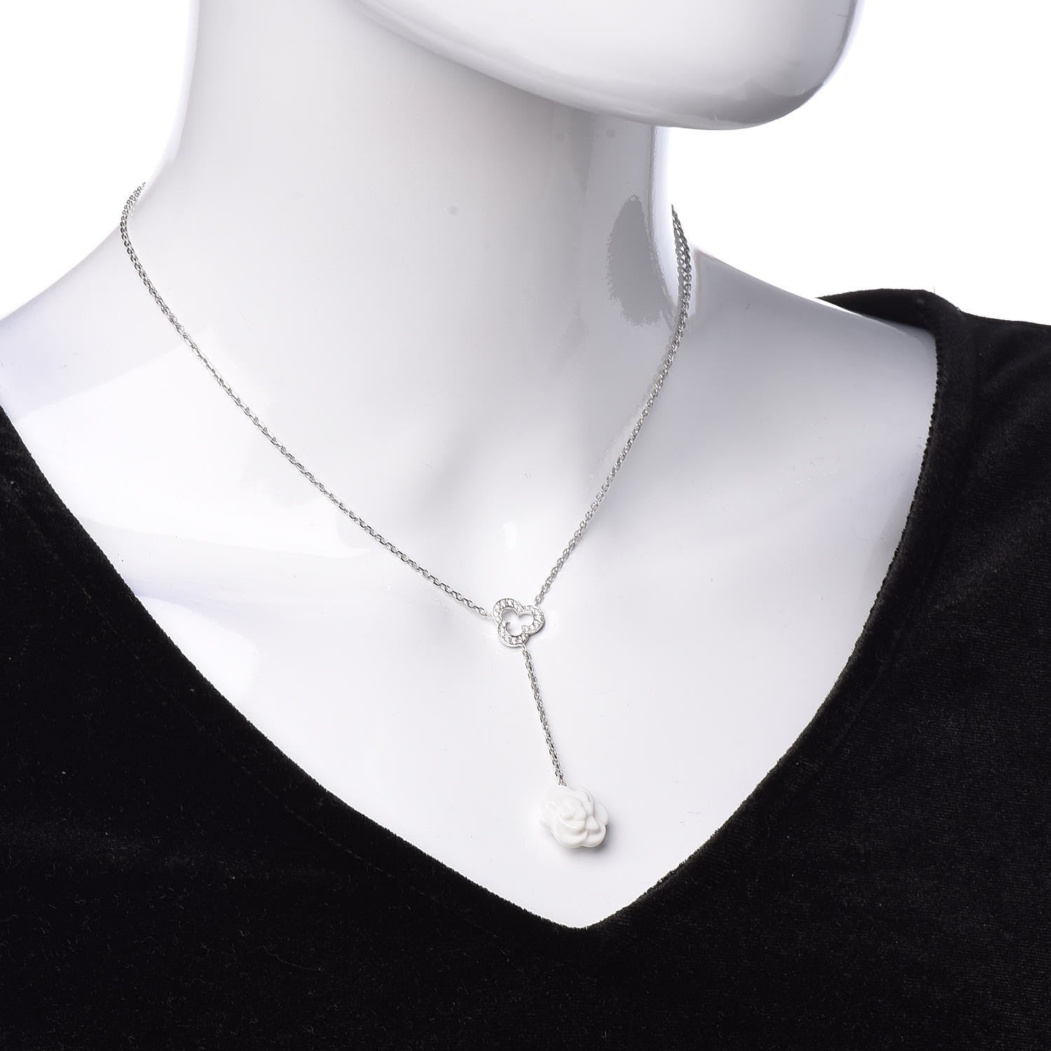 Chanel 18K White Gold Diamond Agate Camelia Sculpte Pendant Necklace 2 of 6