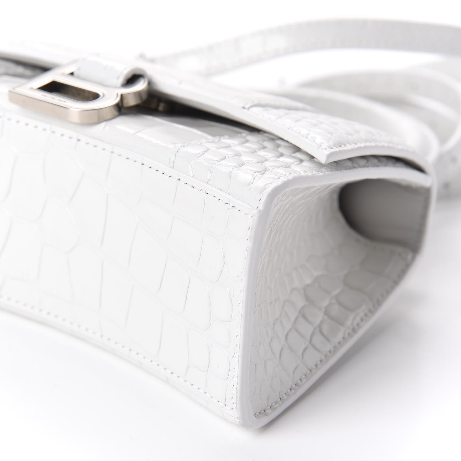 Balenciaga Shiny Calfskin Crocodile Embossed Hourglass Top Handle Bag XS White 8 of 10