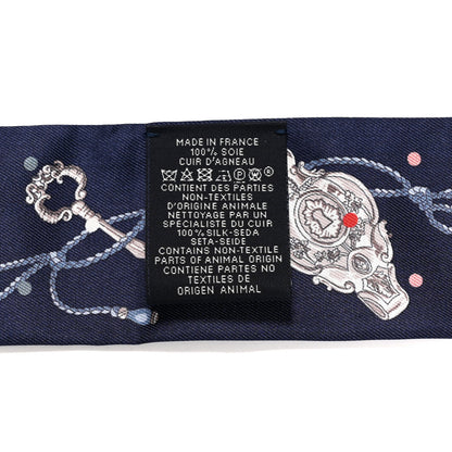 Hermes Silk Metallic Agneau Les Cles A Pois Fringed Twilly Bleu Marine Gris Argent Multicolor 3 of 4