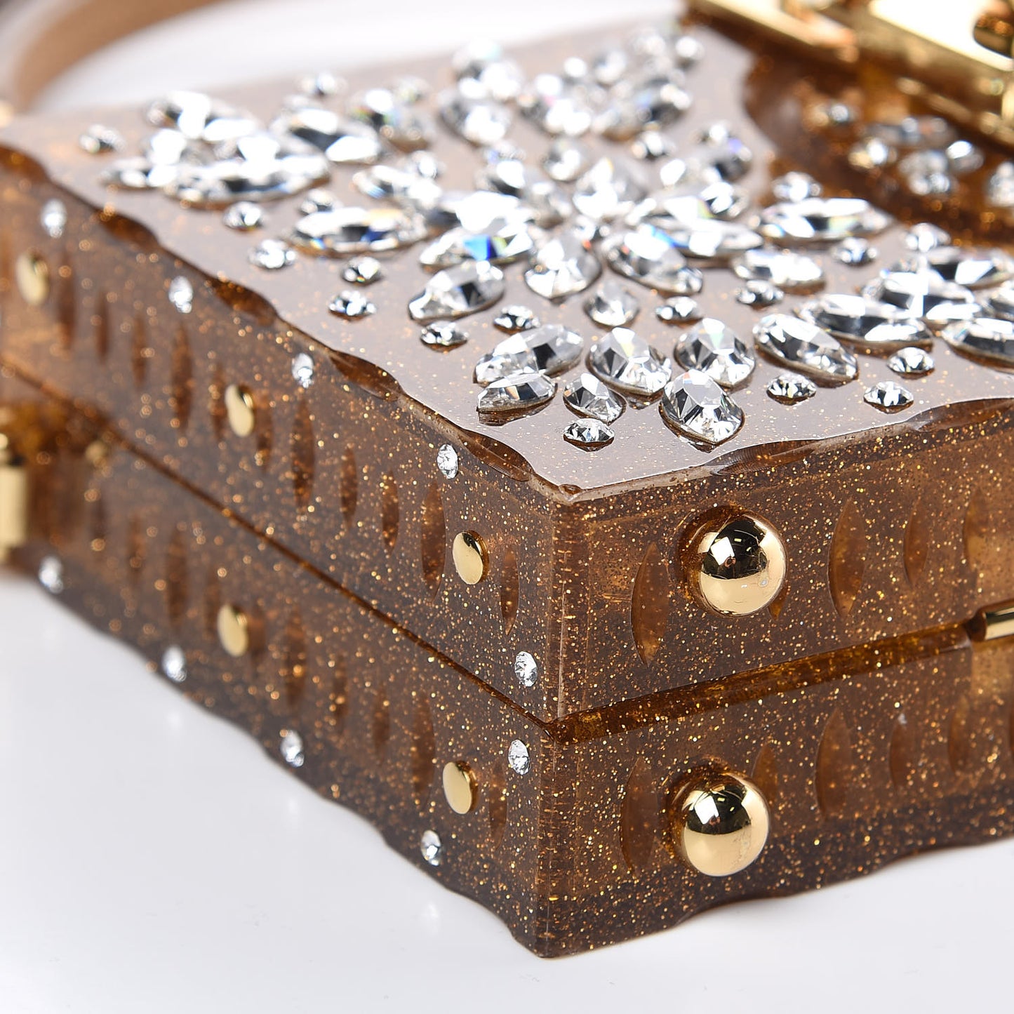 Crystal Embellished Plexiglass Dolce Box Clutch Gold
